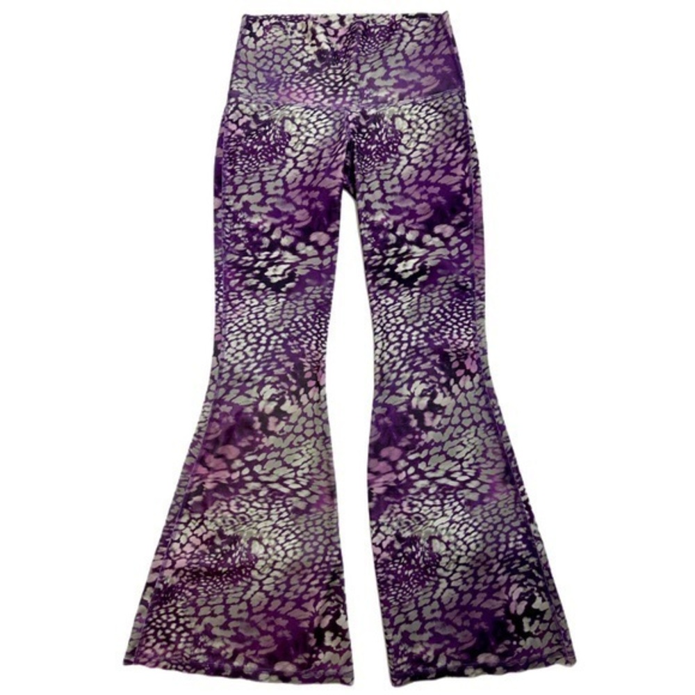 Mika Yoga Wear Tula Flare Leggings Purple Lunera Leopard Bell Bottoms Womens M/L